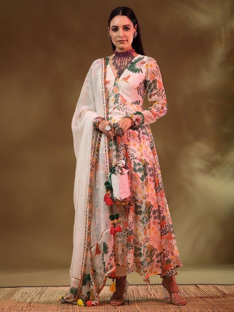 Multicolor Printed Chiffon Anarkali Kurta with Modal Satin Pants and Dupatta- Set of 3