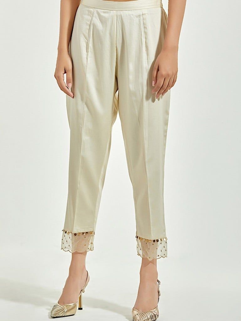 Cream Sequins Embroidered Cotton Satin Pants