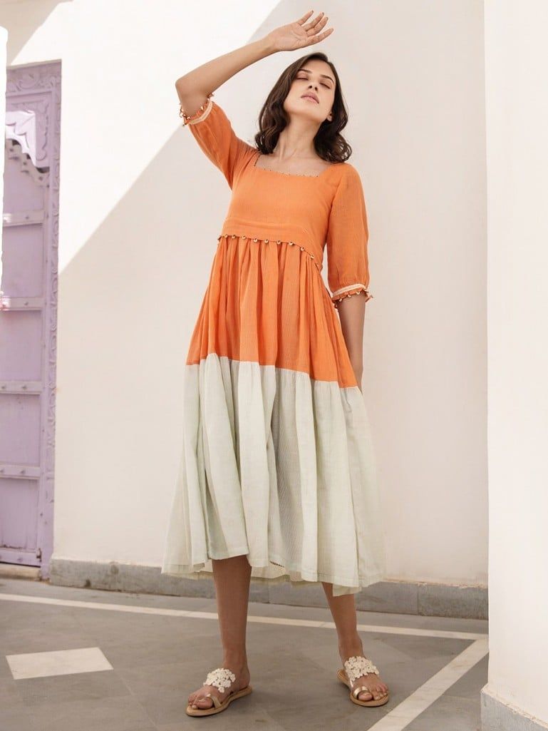 Orange Grey Beaded Mulmul Linen Dress with Hand Block Printed Cotton Flax Slip