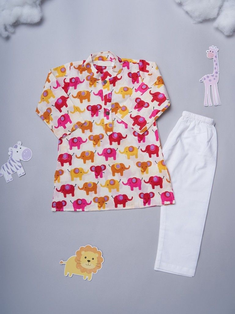 White Hand Block Printed Cotton Kurta with Pajama - Set of 2
