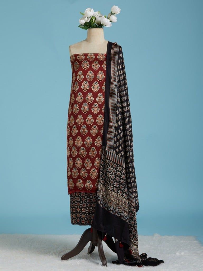 Maroon Black Ajrakh Printed Modal Silk Suit Fabric with Dupatta- Set of 3