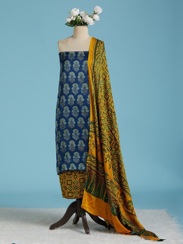 Blue Mustard Yellow Ajrakh Printed Modal Silk Suit Fabric with Dupatta- Set of 3