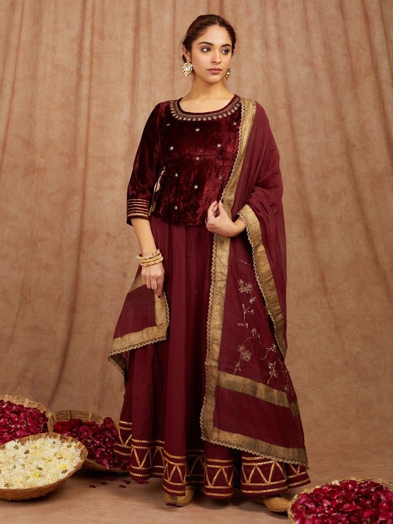 Maroon Embroidered Velvet Suit- Set of 3