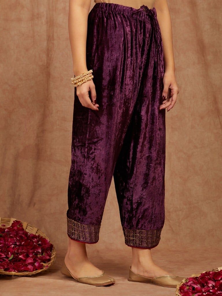 Purple Embroidered Velvet Pants
