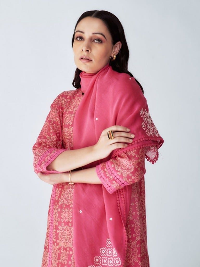 Pink Printed Chanderi Suit with Hand Embroidered Scarf - Set of 3