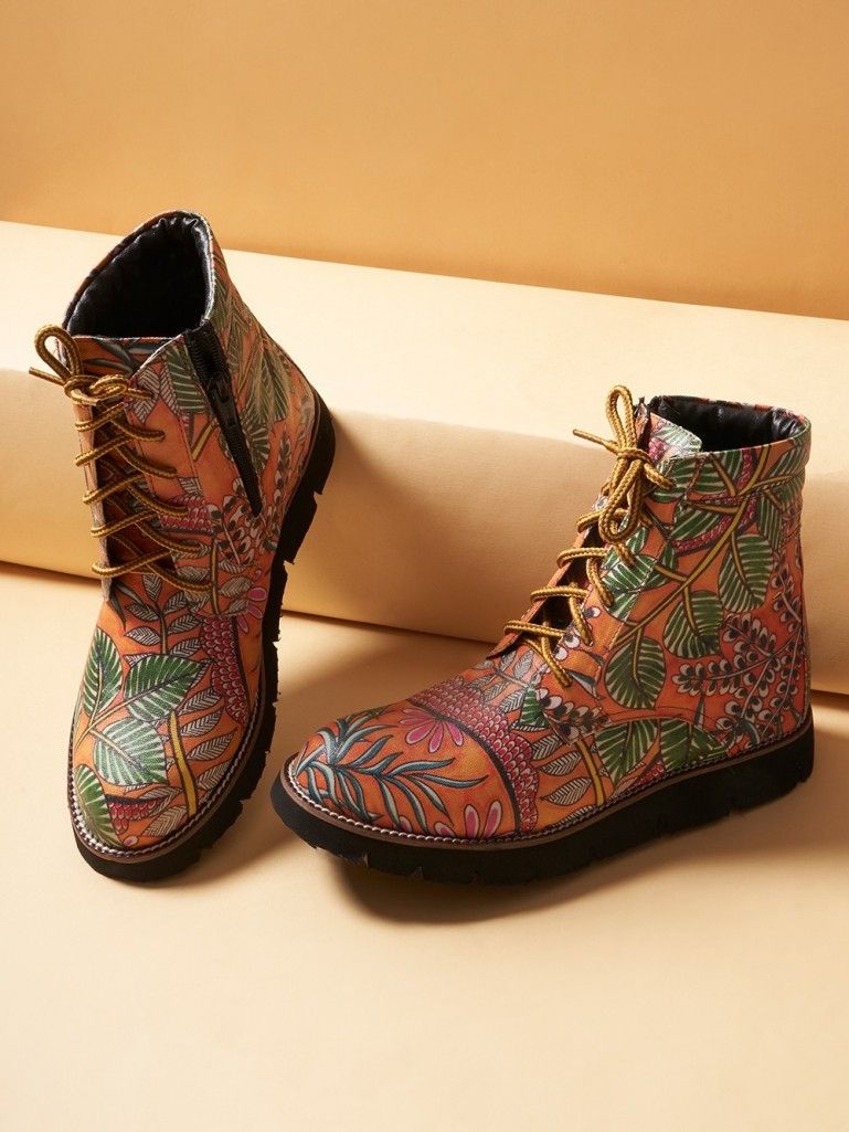 Multicolor Hand Painted Faux Leather Canvas Printed Unisex Boots