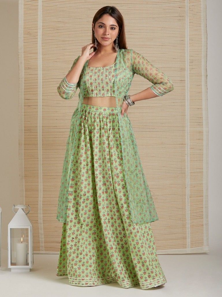 Buy Pista Green Tiered Lehenga Set In Crush With Floral Print And Choker  Dupatta