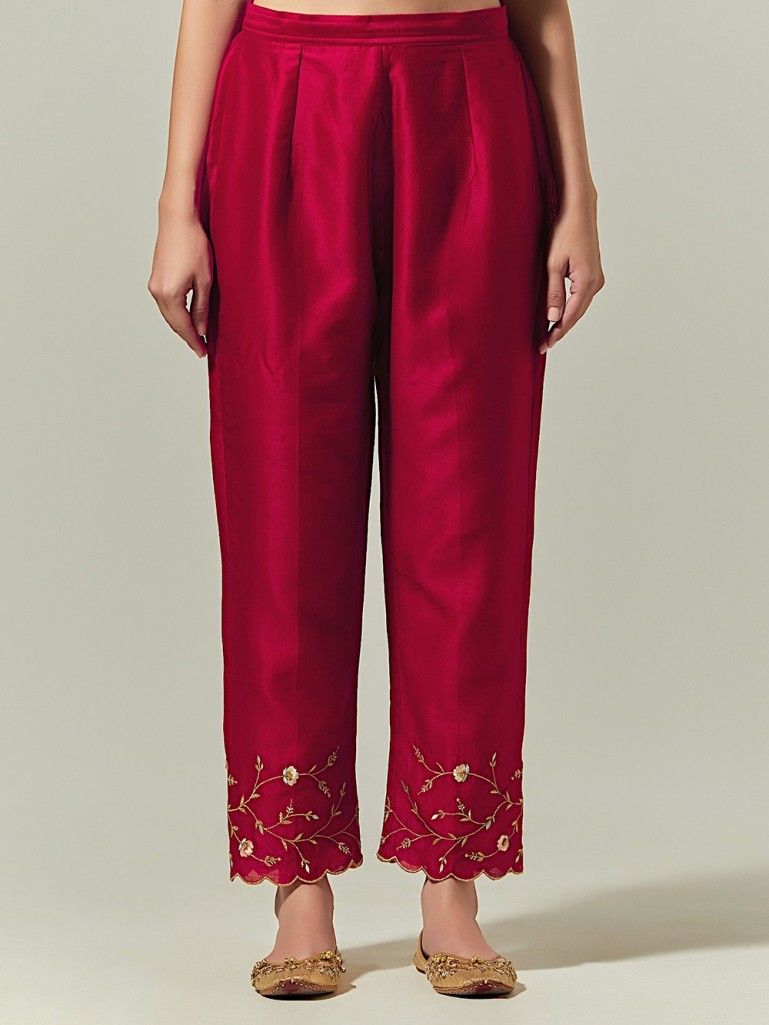 Red Hand Embroidered Chanderi Silk Pants