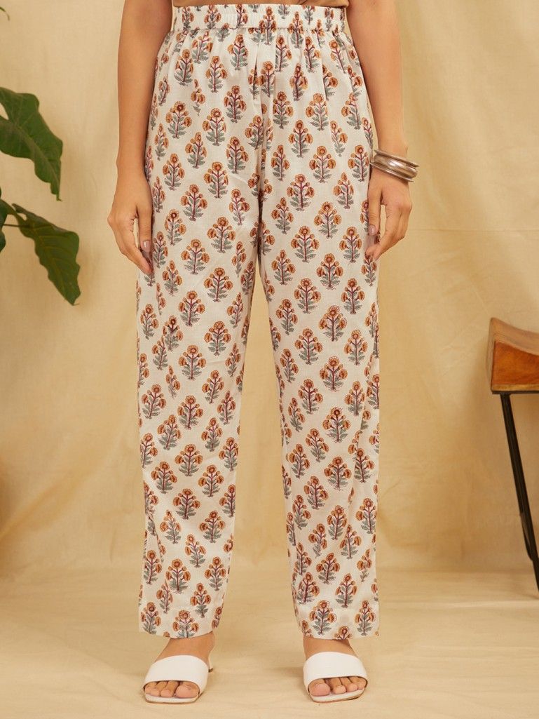 White Hand Block Printed Cambric Cotton Pants
