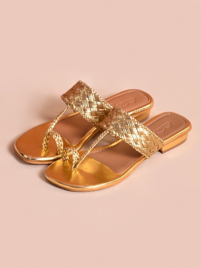 Golden Handcrafted Faux Leather Slip Ons