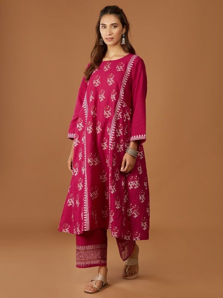 Buy Pink Hand Block Printed Cotton Kalidar Kurta with Pants - Set of 2 ...