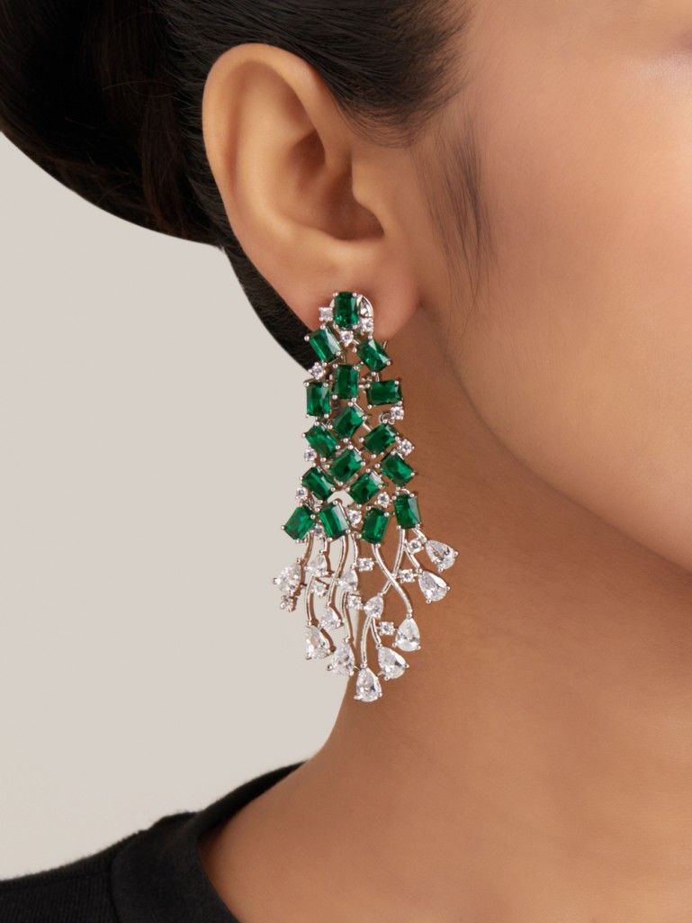 Silver Toned Green Handcrafted Brass Earrings