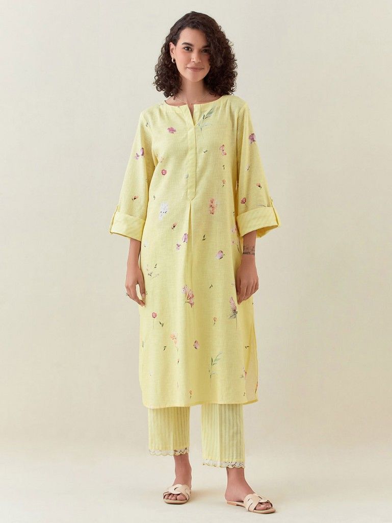 Yellow Printed Cotton Linen Kurta
