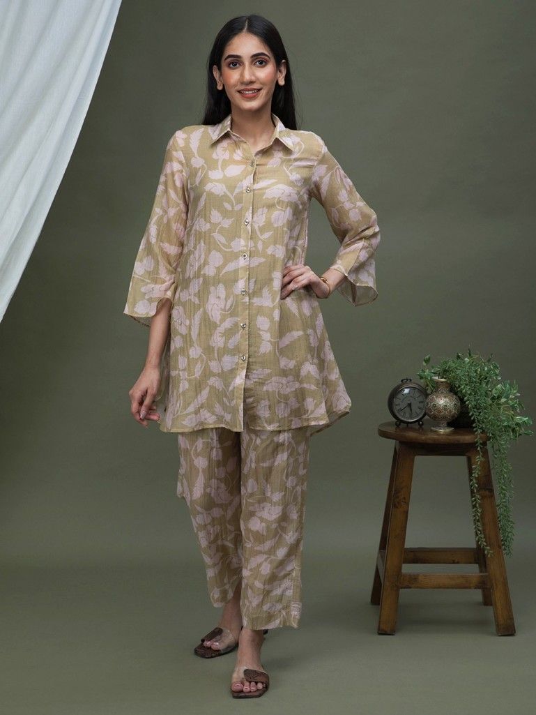 Olive Green Pink Printed Chanderi Shirt with Inner and Pants- Set of 2