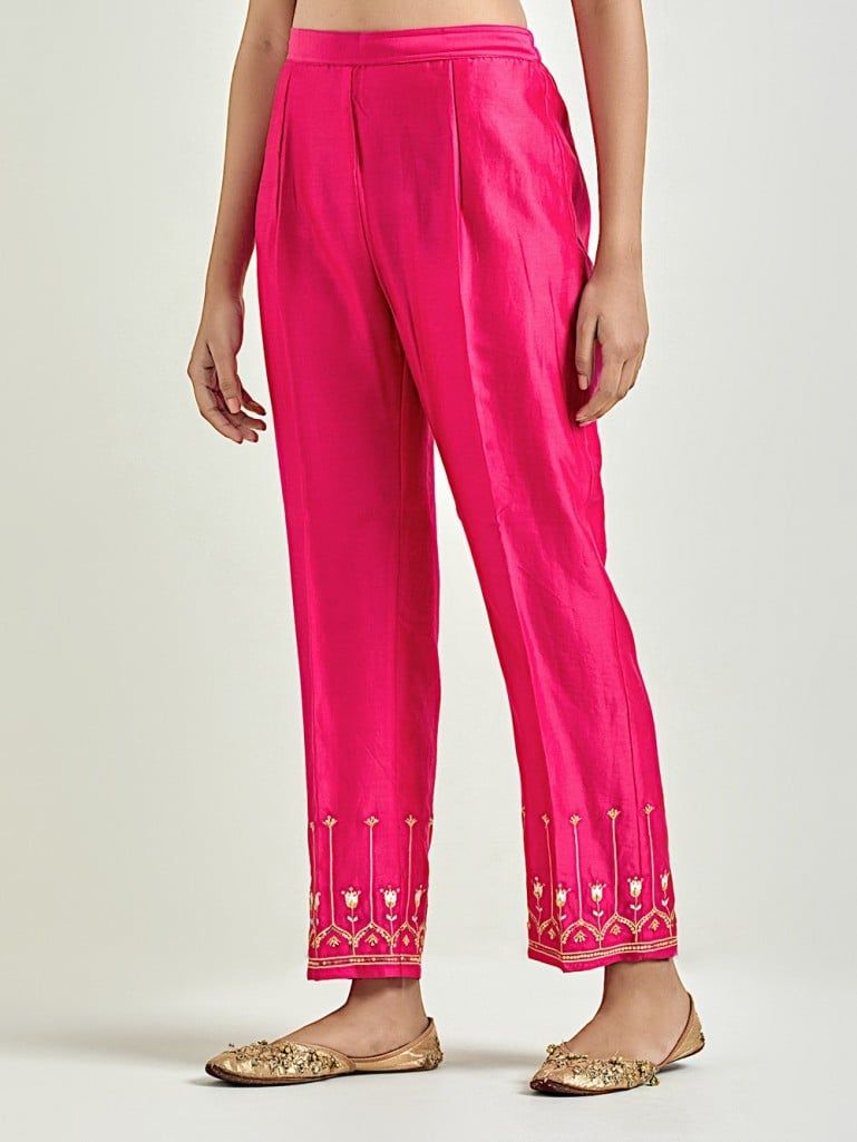 Pink Hand Embroidered Chanderi Silk Pants