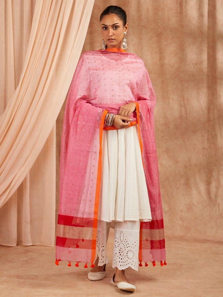 Pink Handloom Cotton Blend Dupatta