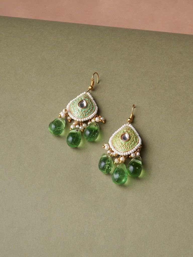 Green Handcrafted Metal Pearl Earrings