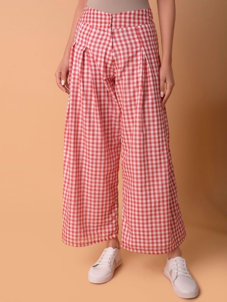 Red Printed Cotton Pleated Pants