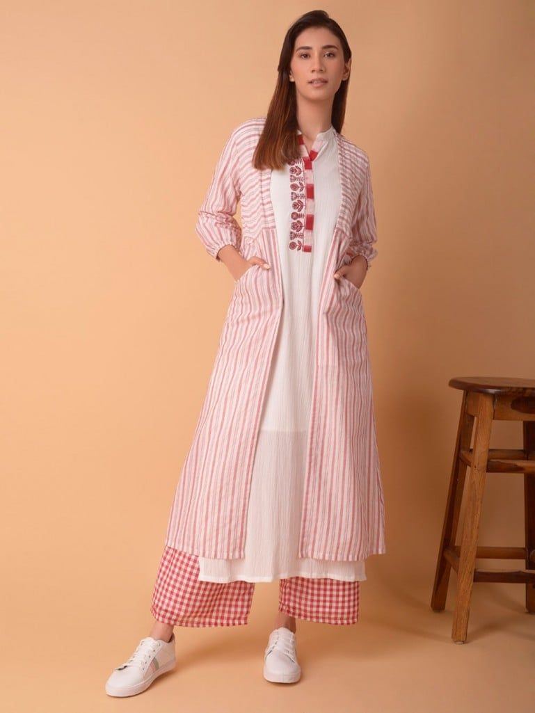 White Red Striped Cotton Overlay Jacket