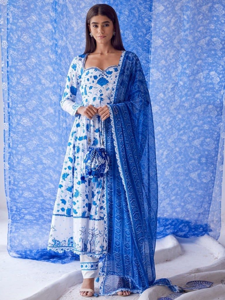 White Blue Printed Cotton Modal Anarkali Suit with Chiffon Dupatta- Set of 3