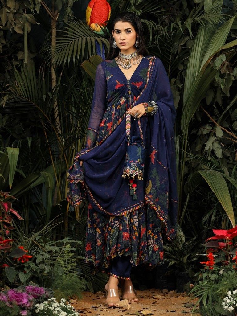 Blue Printed Chiffon Anarkali Kurta with Modal Satin Pants and Dupatta- Set of 3
