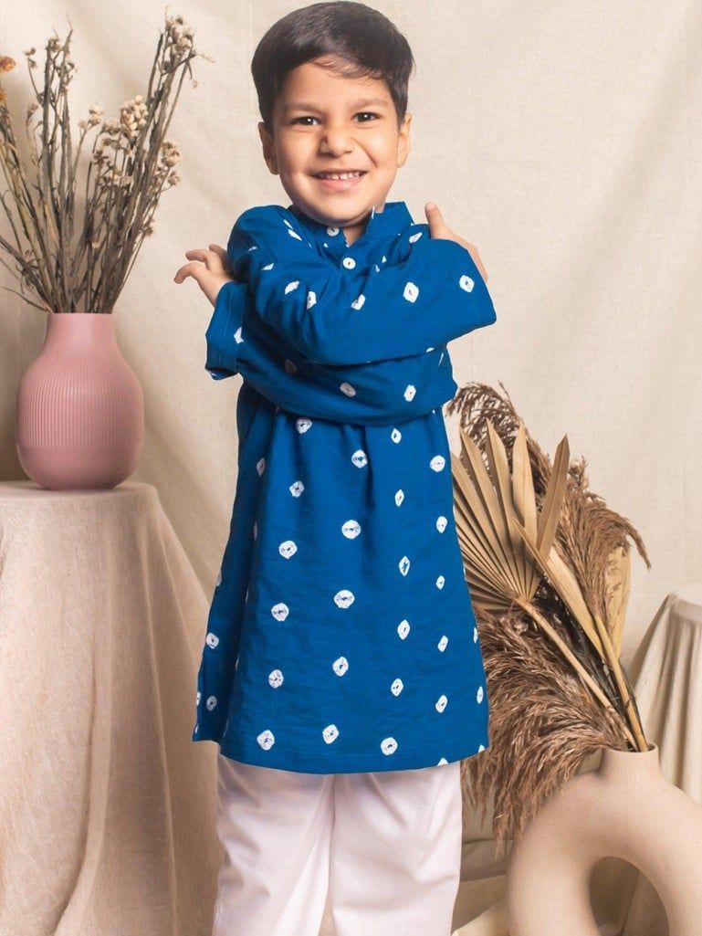 Blue Bandhani Cambric Cotton Kurta with Pajama - Set of 2