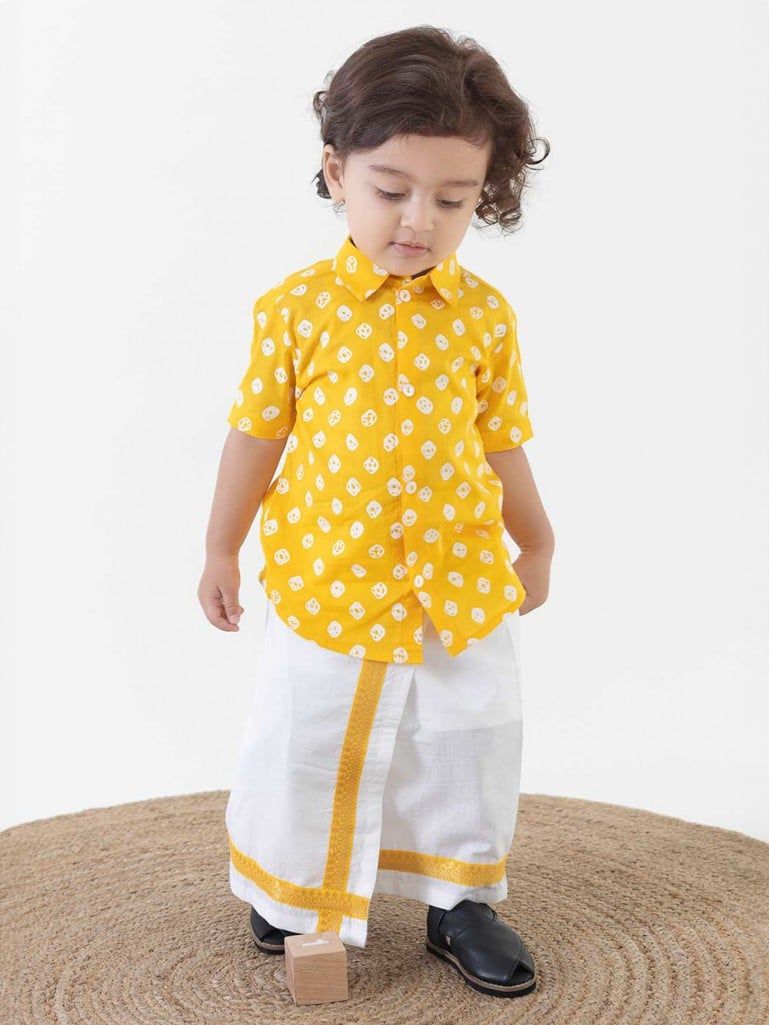 Yellow Bandhani Printed Cotton Shirt with Dhoti - Set of 2