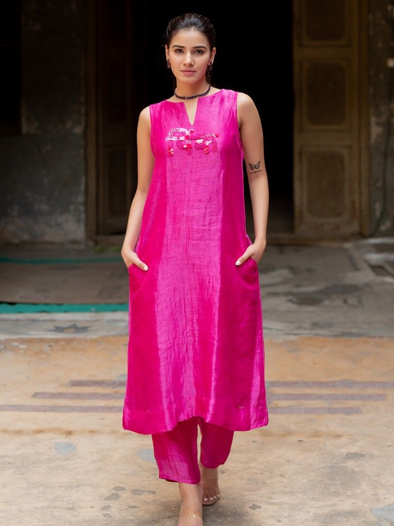 Pink Hand Embroidered Linen Silk Kurta with Pants- Set of 2