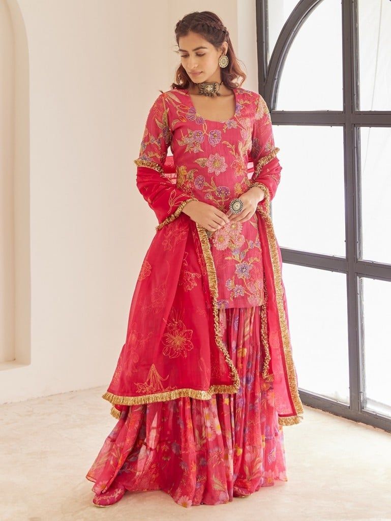 Pink Printed Chanderi Hand Embroidered Sharara Suit - Set of 3
