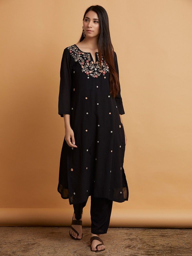 Buy Black Embroidered Cotton Viscose Kurta | DHK-130A | The loom