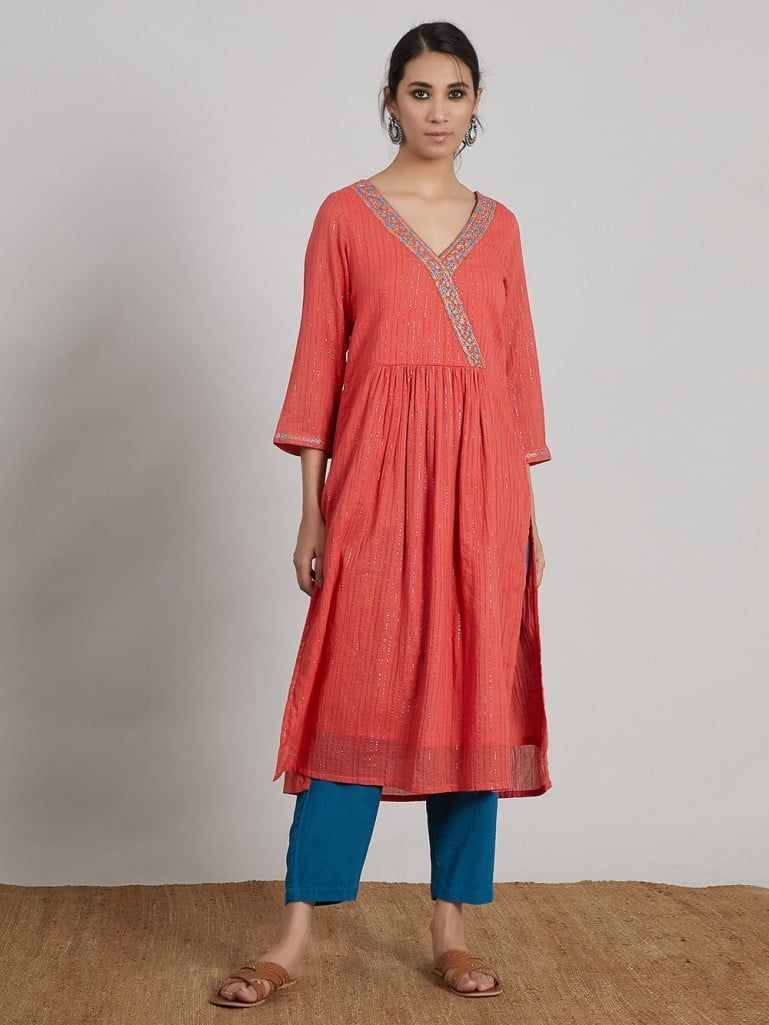 Coral Embroidered Cotton Lurex Gathered Kurta with Blue Linen Pants- Set of 2