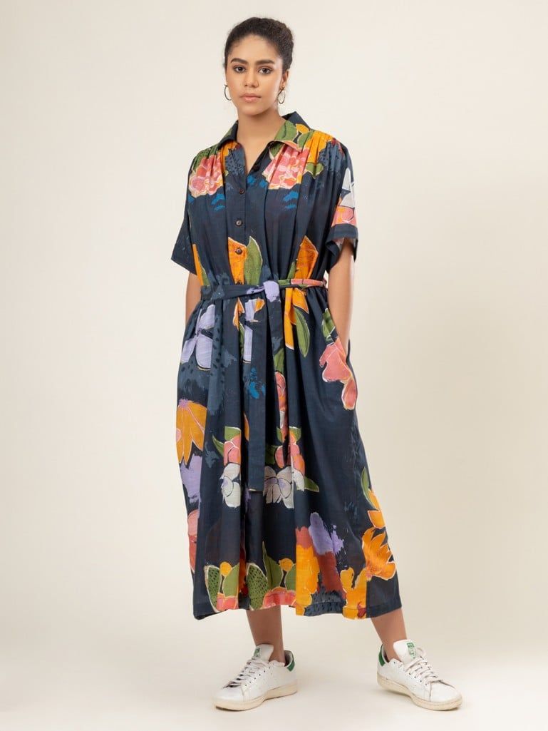 Multicolor Printed Cotton Dress with Belt