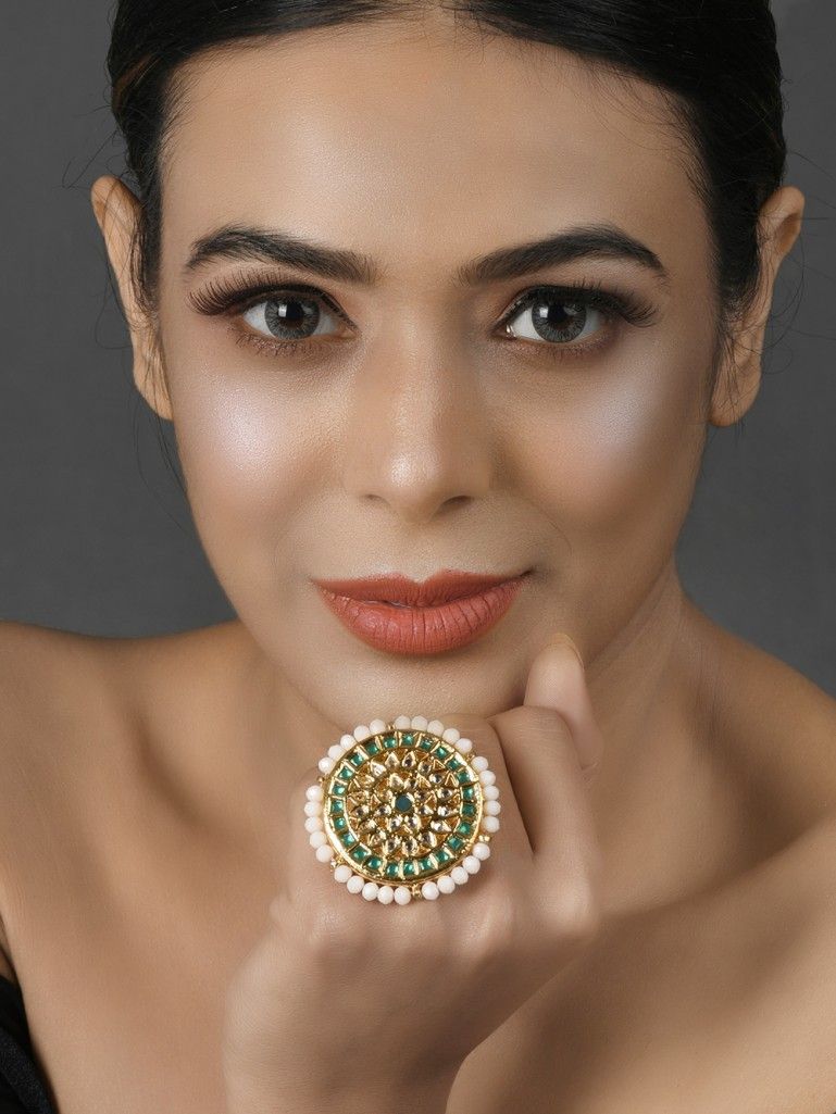 Gold Toned Handcrafted Kundan Copper Alloy Ring