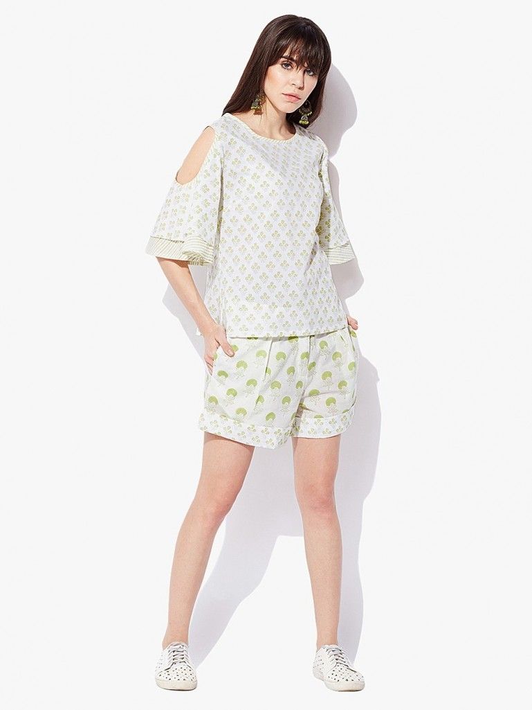 Lime Green Hand Block Printed Cotton Cold Shoulder Top with Shorts - Set of 2