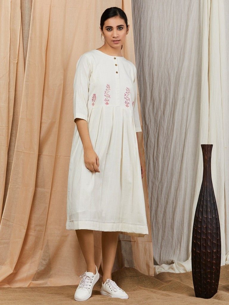 Off White Embroidered  Cotton Box Pleated Dress
