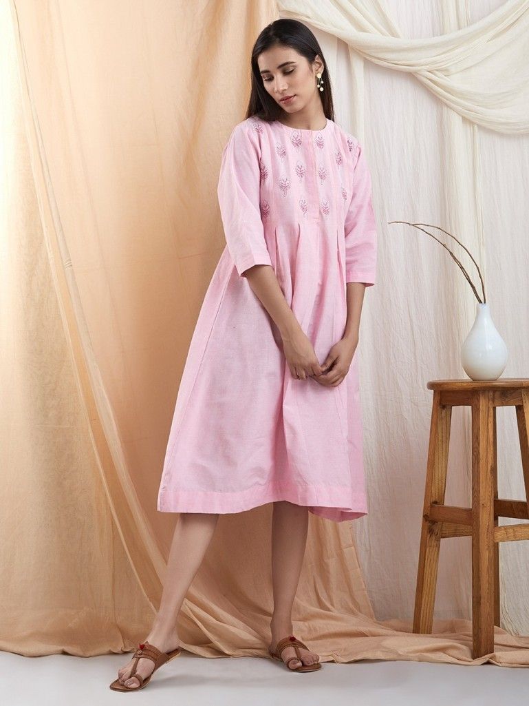 Pink Embroidered  Cotton Dress