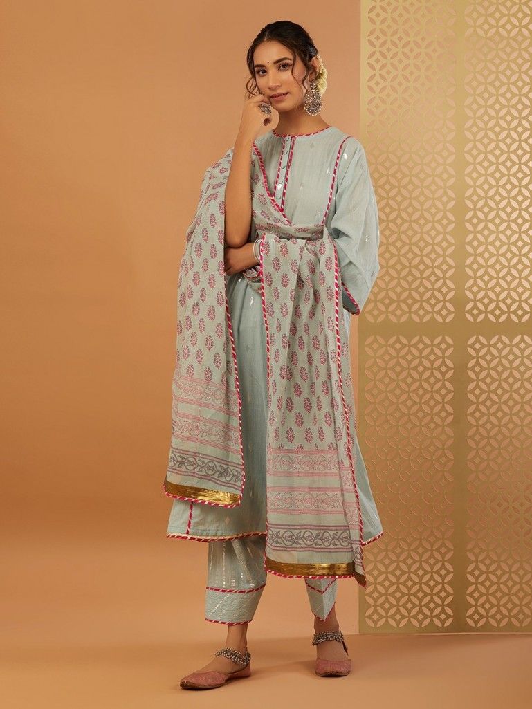 Blue Pink Gota Work Cotton Choga with Salwar and Hand Block Printed Chanderi Dupatta- Set of 3