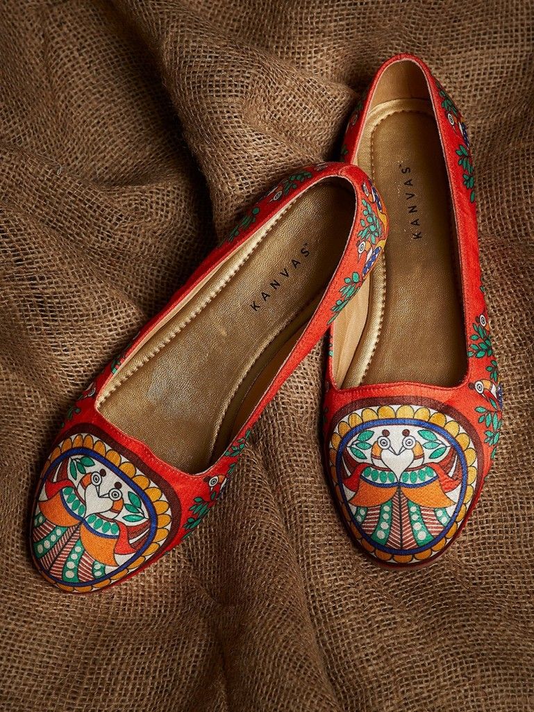 Orange Handcrafted Madhubani Silk Loafers