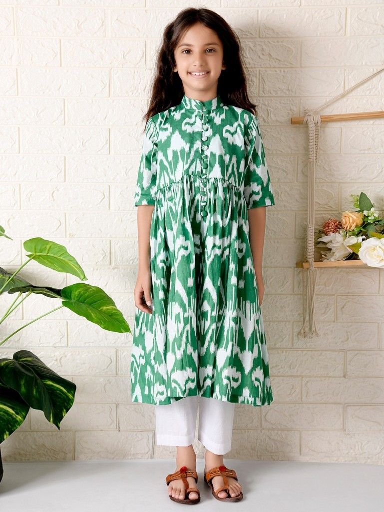 Green Ikat Printed Cotton Kurta with Pants- Set of 2