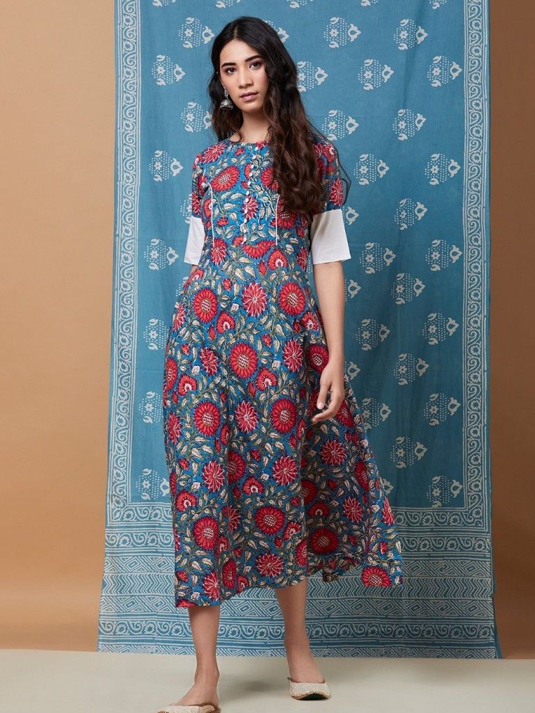 Blue Red Hand Block Printed Cotton Dress