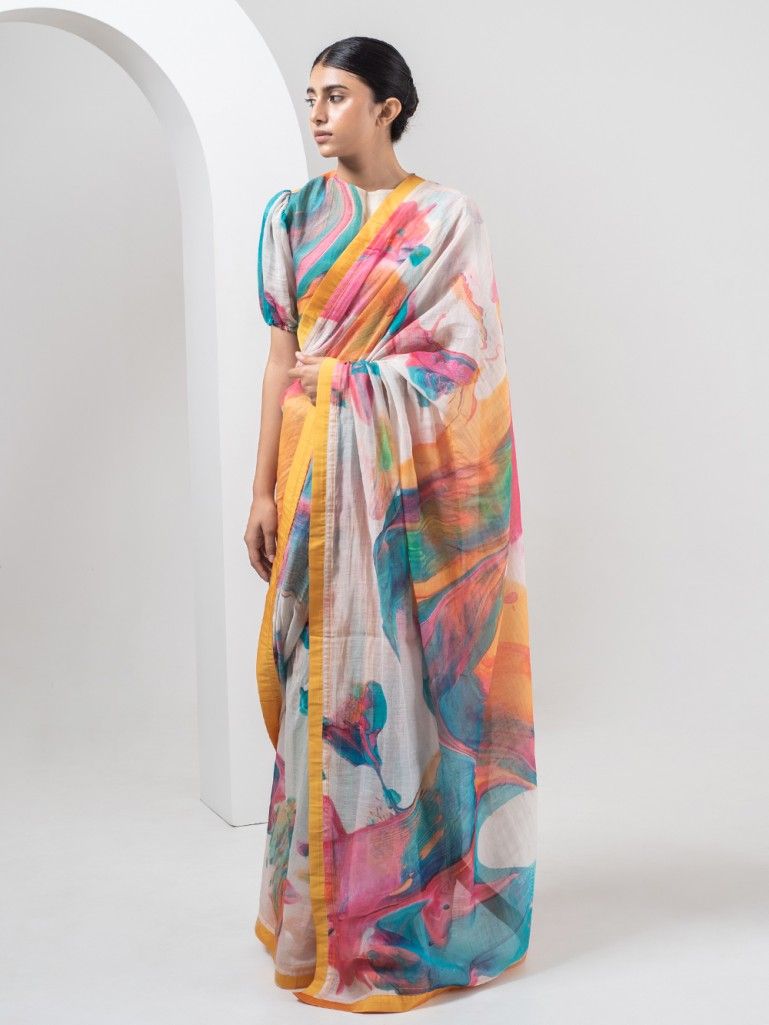 Multicolor Printed Chanderi Saree with Blouse- Set of 2