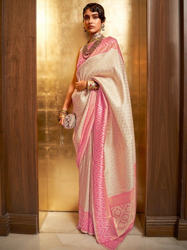 White Pink Silk Blend Saree