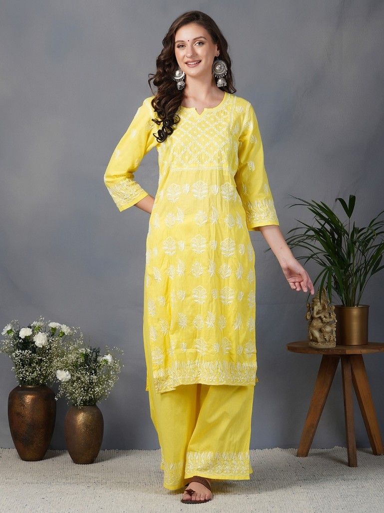 Cotton readymade kurti set mango yellow and light pink with embroidery –  Maatshi