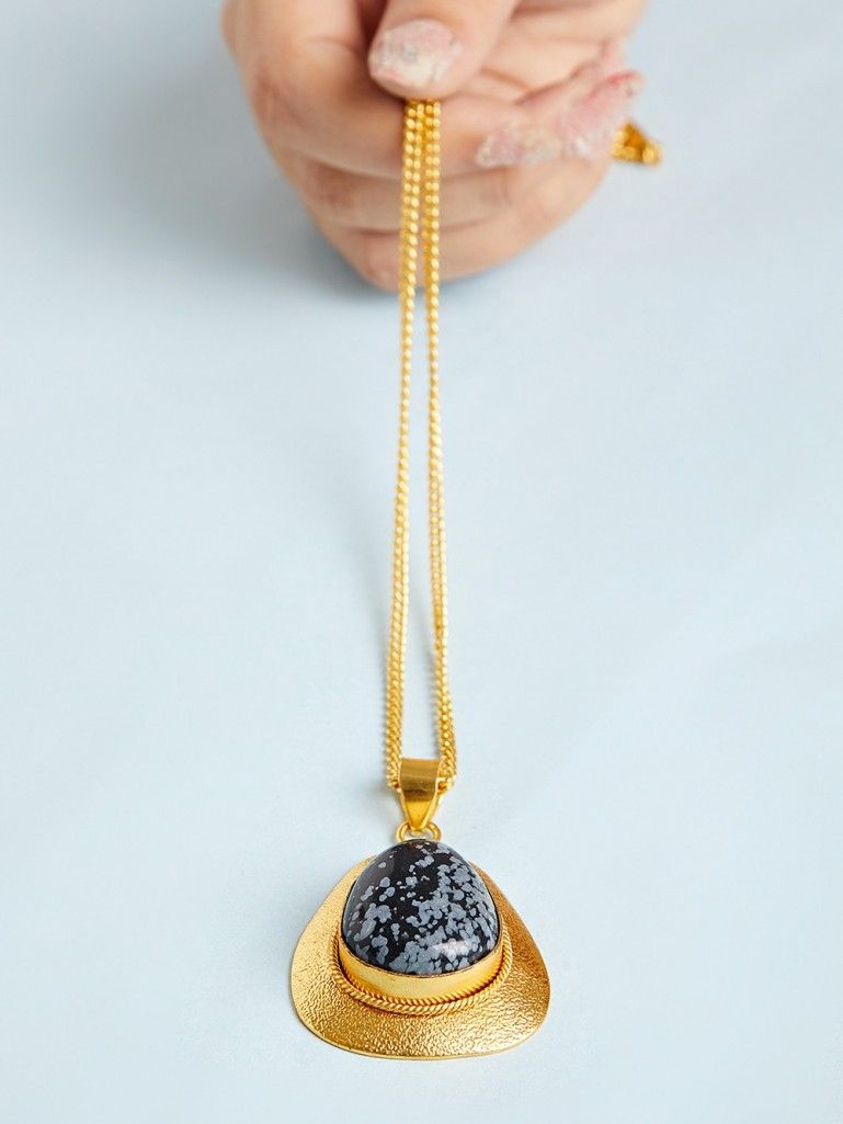 Gold Toned Blue Natural Stone Metal Pendant Necklace