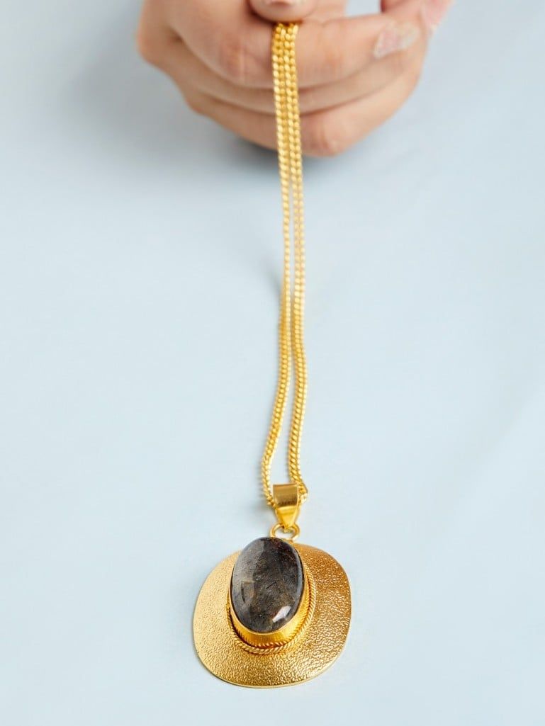 Gold Toned Grey Natural Stone Metal Pendant Necklace
