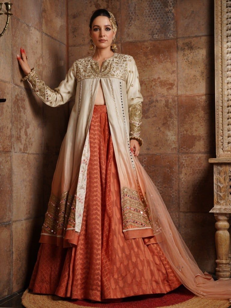 Ivory Peach Embroidered Chanderi Jacket with Skirt and Dupatta- Set of 3