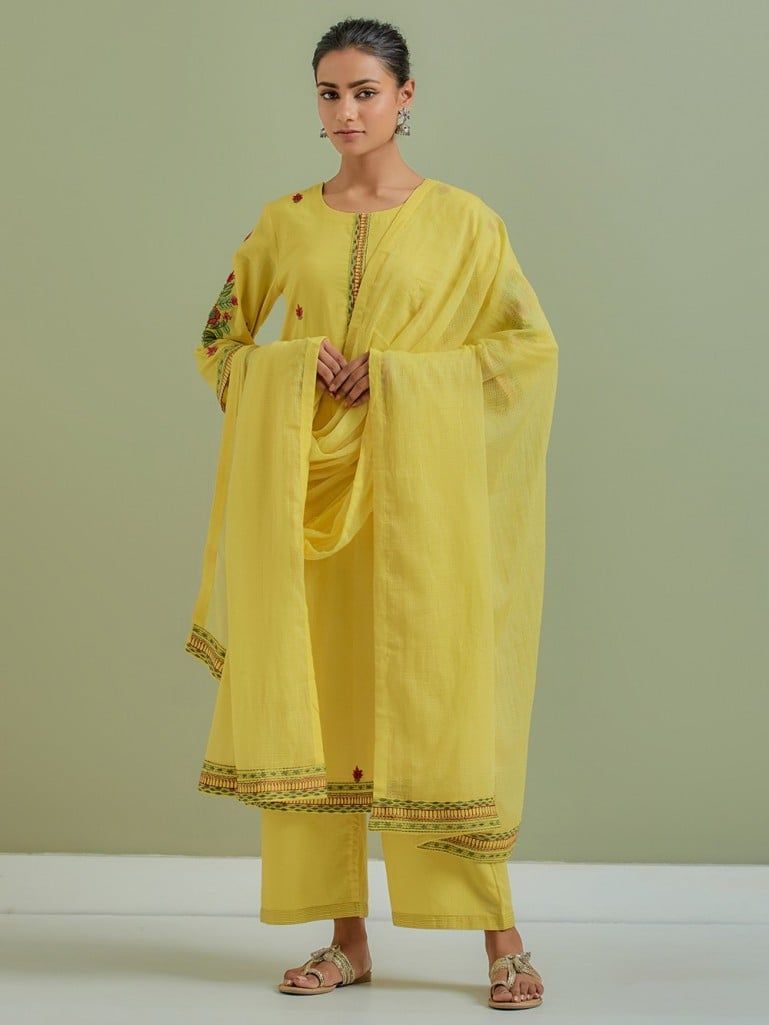 Yellow Embroidered Cotton Suit with Kota Dupatta - Set of 3