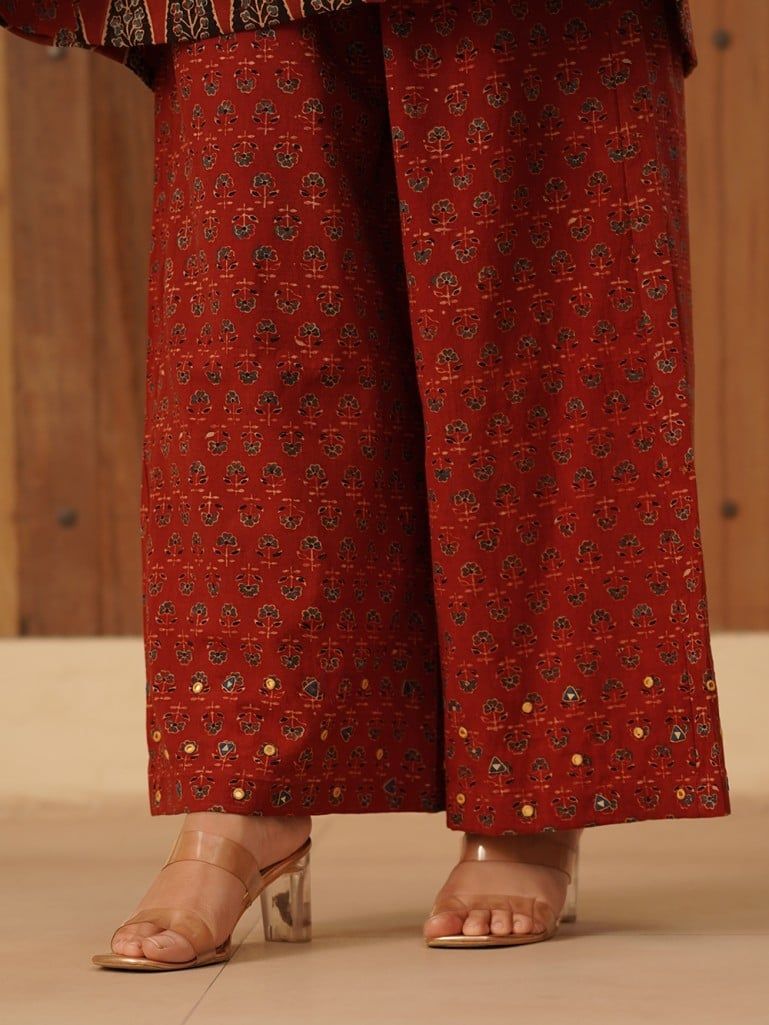 Maroon Ajrakh Hand Block Printed Cotton Embroidered Palazzo