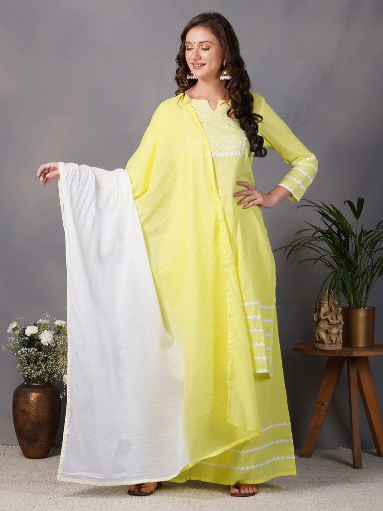Yellow Applique Work Cotton Suit with White Mulmul Dupatta - Set of 3