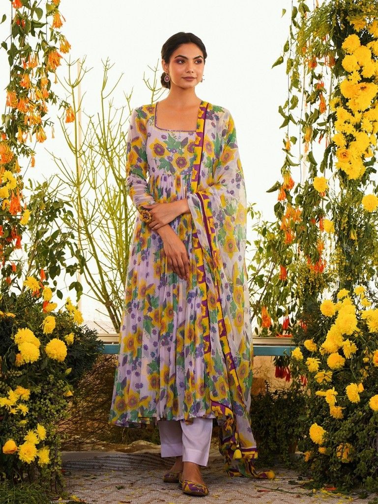 Lavender Yellow Printed Chiffon Anarkali Kurta with Cotton Modal Pants and Dupatta - Set of 3
